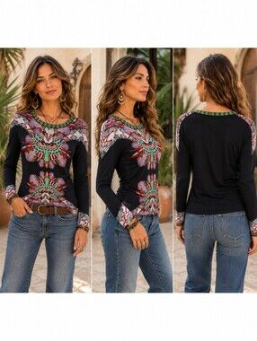 Custo Barcelona Black Abstract Floral Long Sleeve Top Boho Artsy M - NO TAGS
